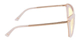 Side view of pink Gunnar Anna Computer Glasses, Size 54, with yellow-tinted lenses and thin arms on a white background, featuring GUNNAR lens technology to block blue light.