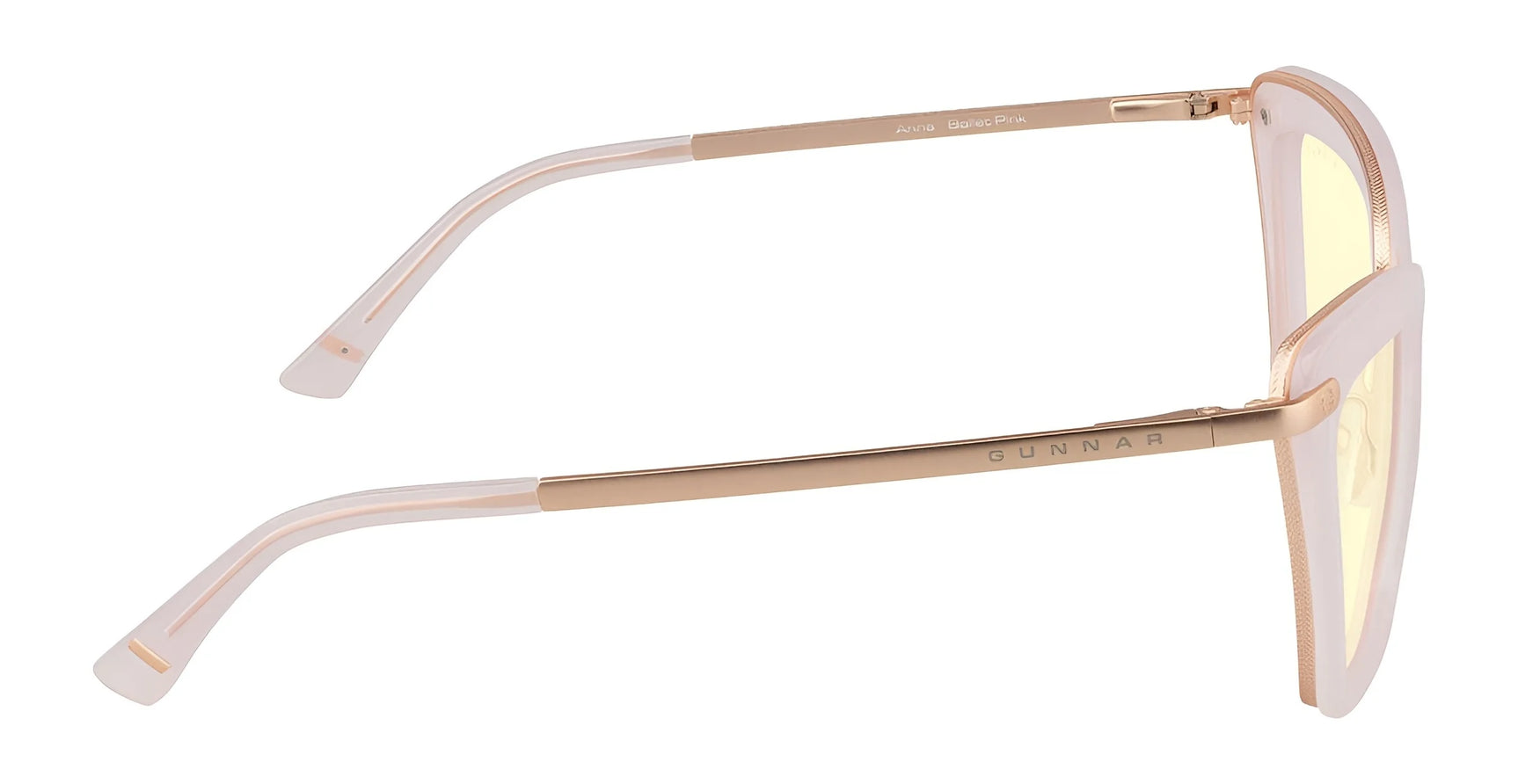 Side view of pink Gunnar Anna Computer Glasses, Size 54, with yellow-tinted lenses and thin arms on a white background, featuring GUNNAR lens technology to block blue light.