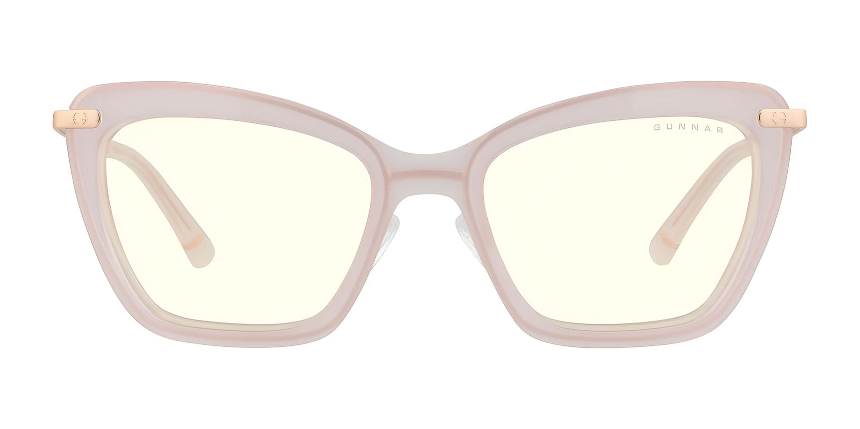 Gunnar Anna Computer Glasses | Size 54 combine fashion and function with pink cat-eye frames, light yellow lenses, stylish design, and thin gold accents at the hinges. Featuring Gunnar's advanced lens technology for effective blue light blocking.