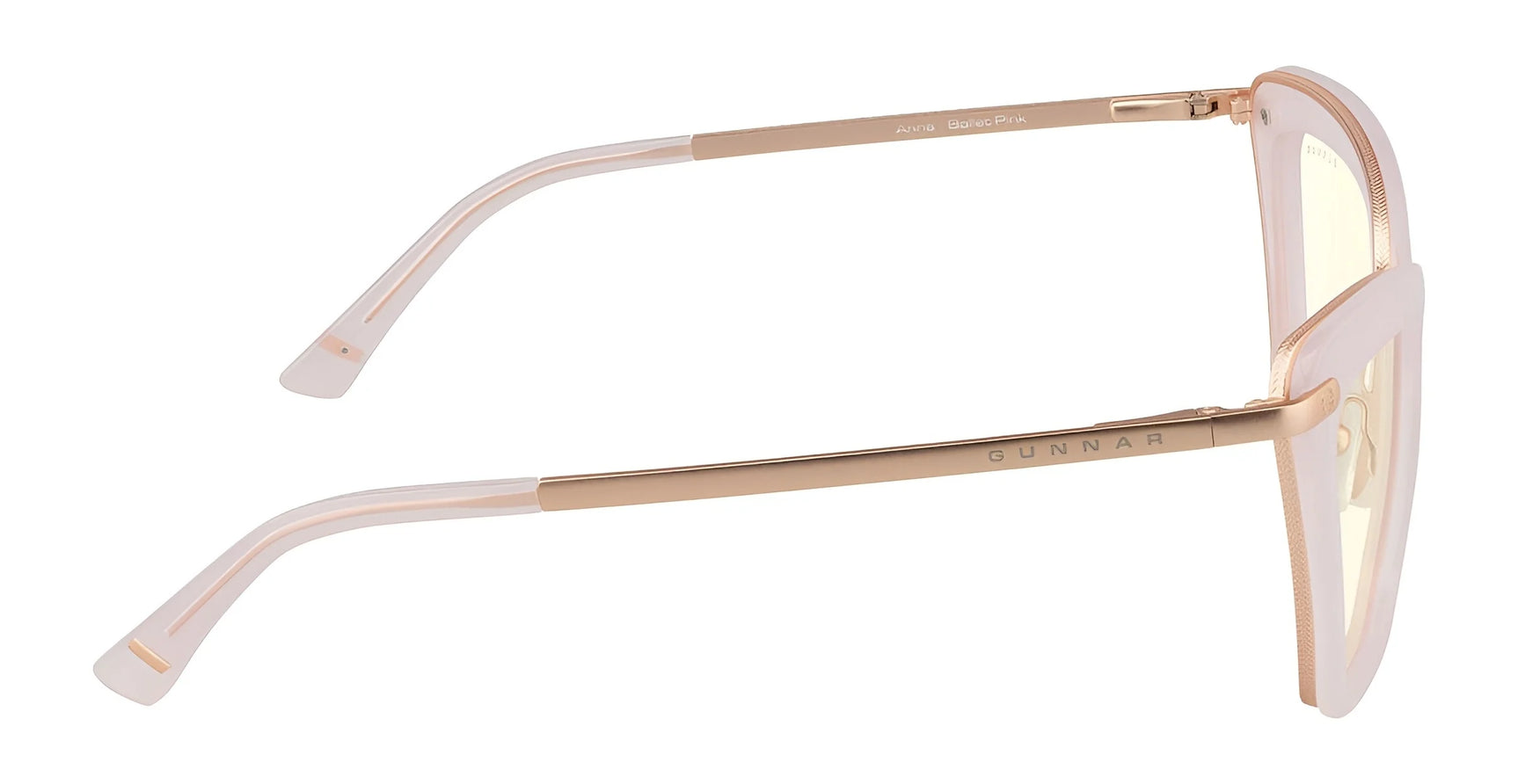 Pink Gunnar Anna Computer Glasses, Size 54, featuring a slim frame and slightly curved temples, utilize GUNNAR's blue light blocking lens technology.