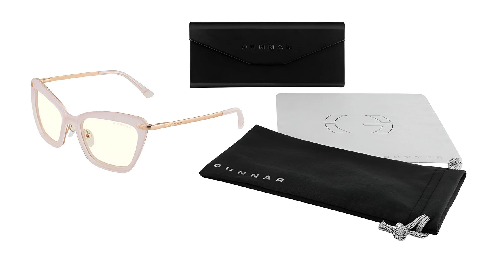 The Gunnar Anna Computer Glasses, size 54, have amber lenses with GUNNAR lens technology and come in a black leather case with a cleaning cloth and pouch on a white background.