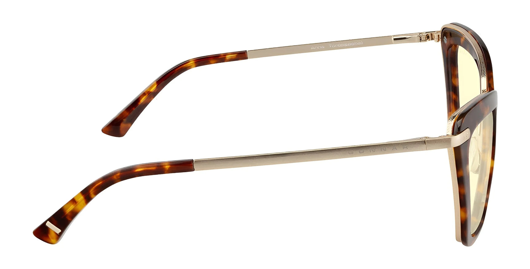 The Gunnar Anna Computer Glasses feature sleek tortoiseshell and gold cat-eye frames, viewed from a side angle, in size 54.