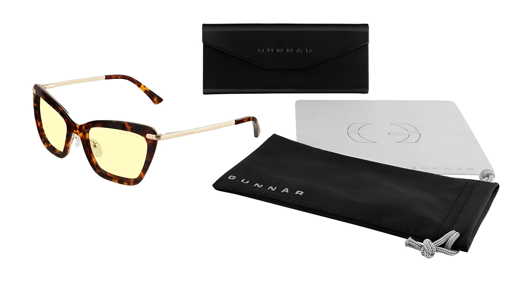 Gunnar Anna Computer Glasses, tortoise-shell cat-eye frames featuring GUNNAR lens technology for blue light blocking, come in Size 54. Includes a black case, cleaning cloth, and branded pouch on a white background.