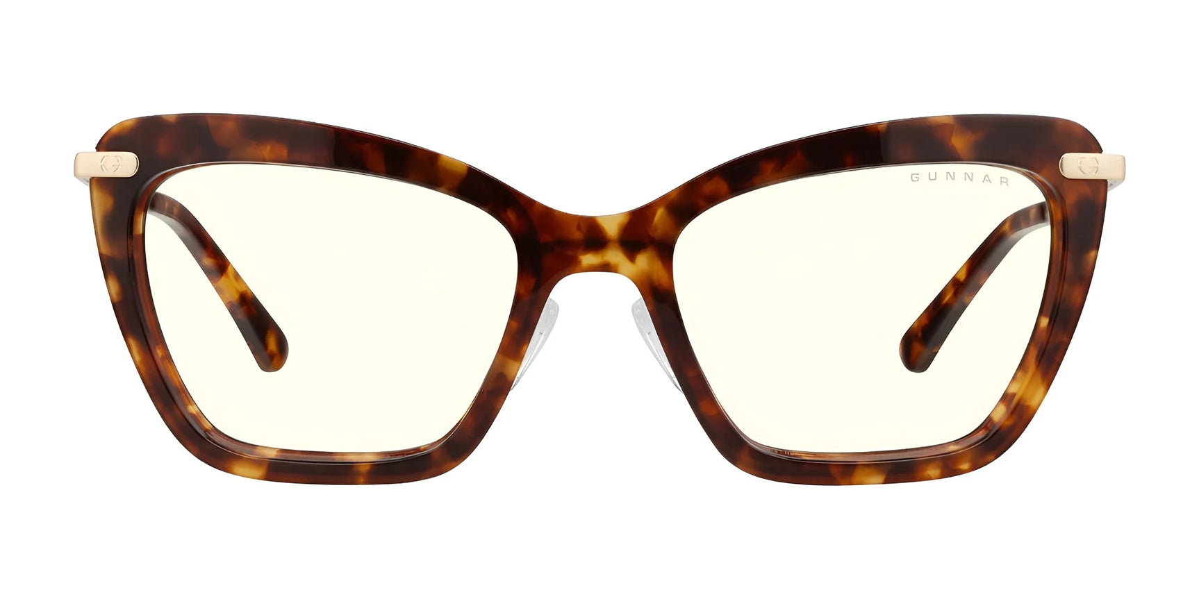 Gunnar Anna Computer Glasses in tortoiseshell cat-eye frames, size 54, feature a stylish brand logo on the side and GUNNAR lens technology for superior blue light blocking.