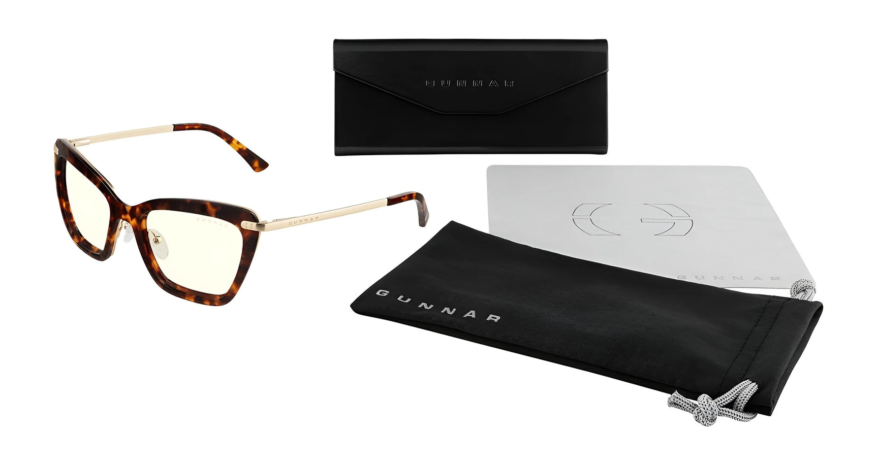 The Gunnar Anna Computer Glasses | Size 54 feature tortoiseshell cat-eye frames and come with a black case, cleaning cloth, and soft pouch, beautifully showcased on a white background.