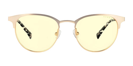 Gunnar Apex Computer Glasses (Size 51) feature gold frames, yellow-tinted lenses, and patterned bows, designed to reduce digital eye strain.