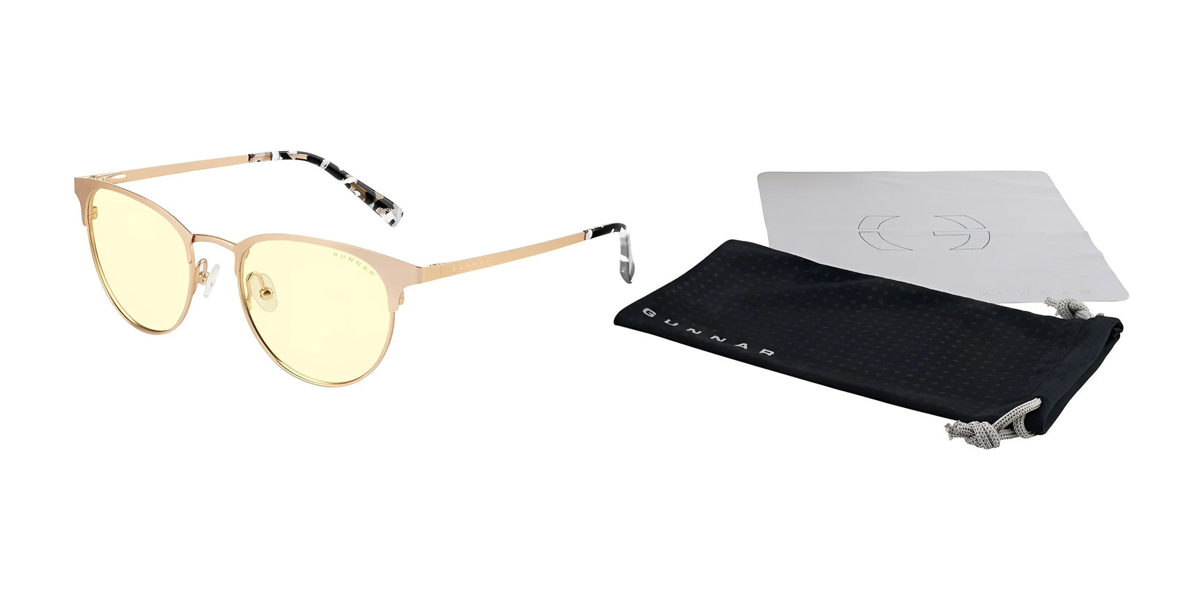 Gunnar Apex Computer Glasses | Size 51, with gold rims and yellow lenses, help reduce digital eye strain. They include a black pouch and white cloth, all set against a white background.