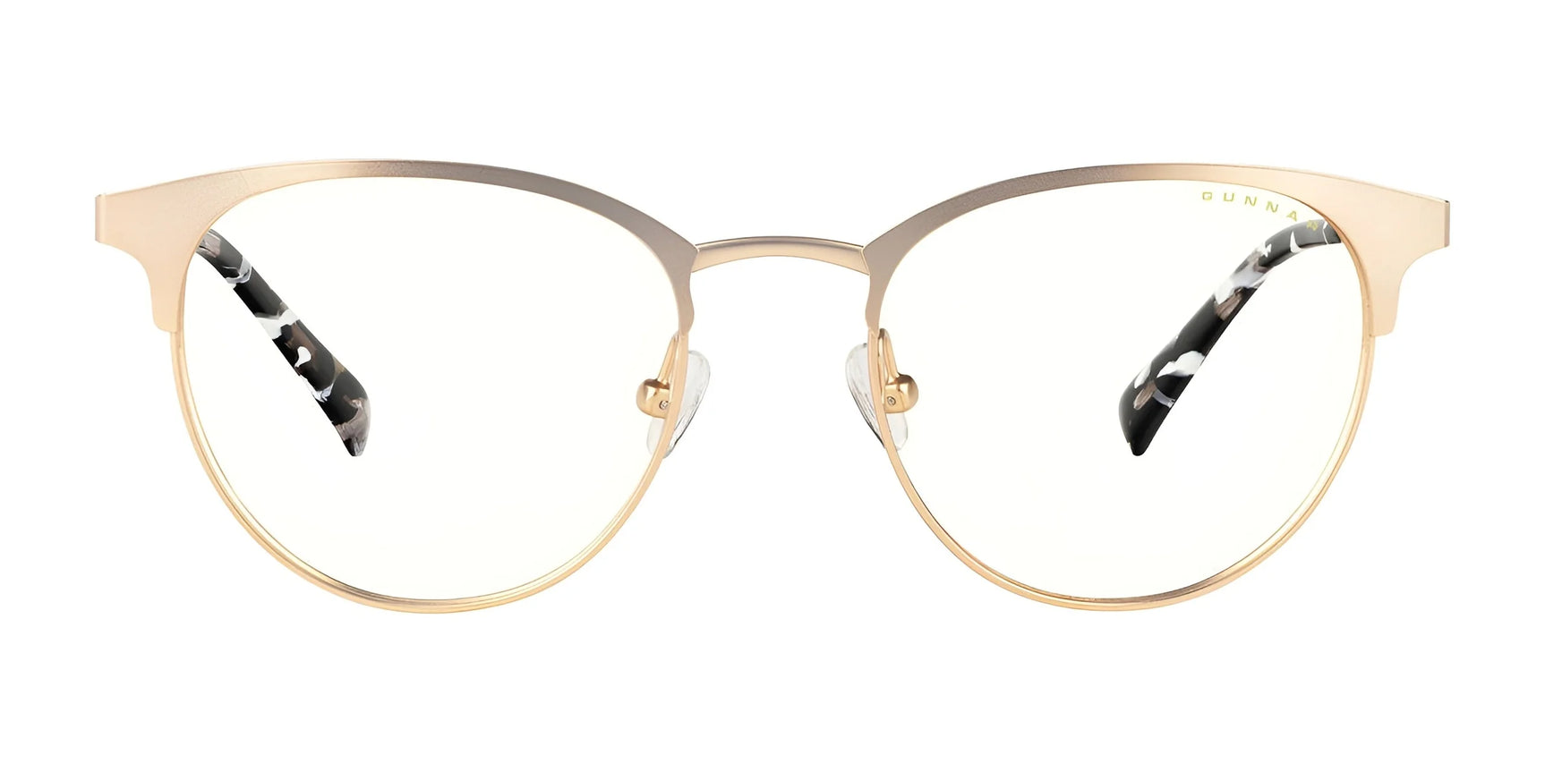 Gunnar Apex Computer Glasses, size 51, feature gold rims and black-and-white patterned temples, designed to alleviate digital eye strain.