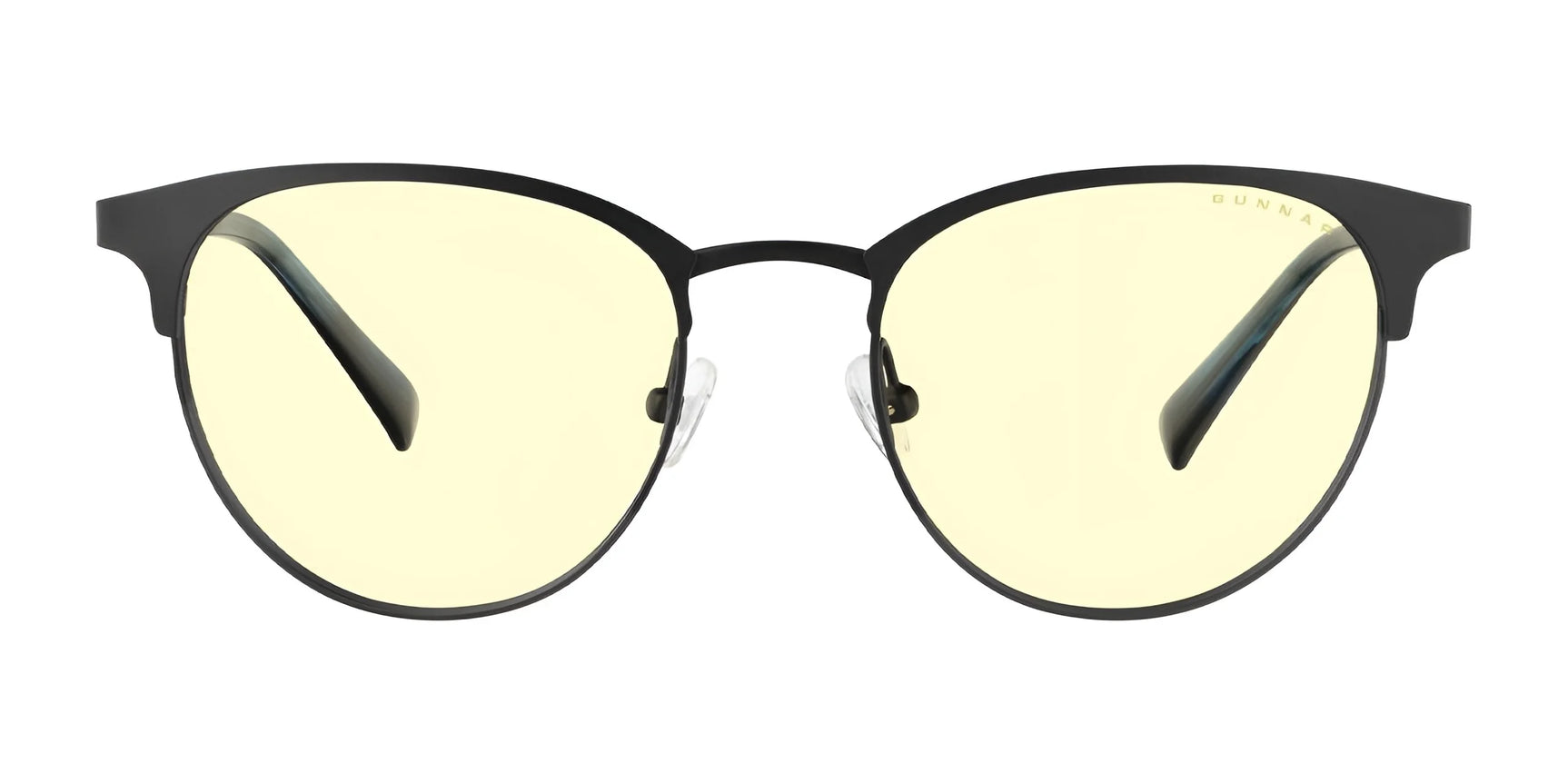 The Gunnar Apex Computer Glasses, Size 51, feature a black frame and yellow-tinted lenses designed to block blue light and reduce digital eye strain.