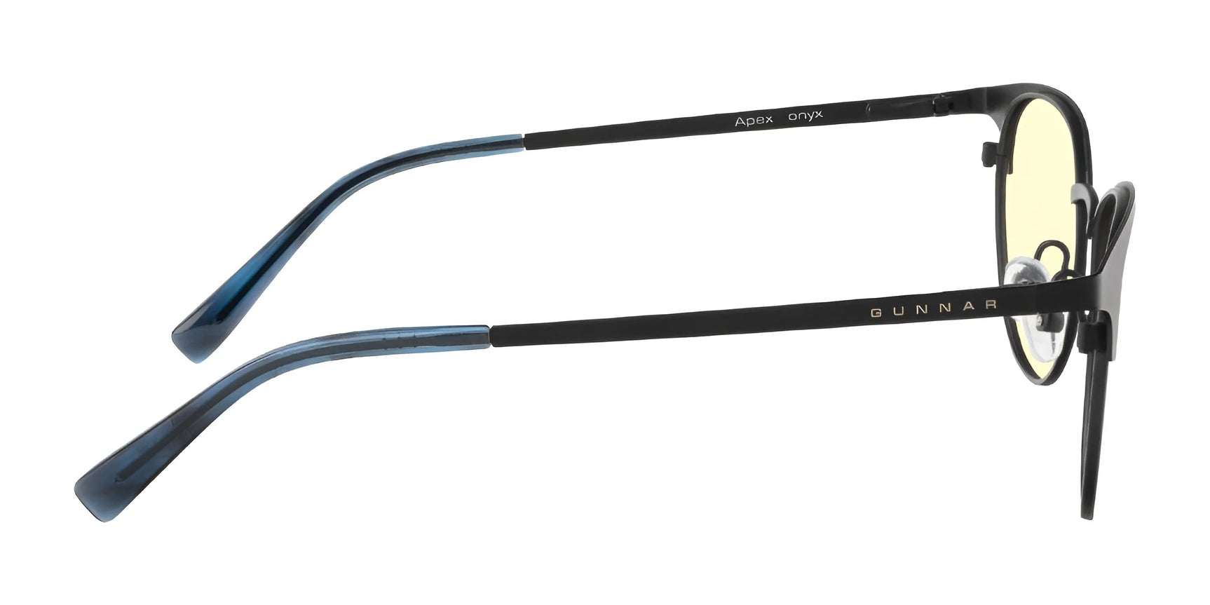 Side view of Gunnar Apex Computer Glasses (Size 51) with a black frame and yellow-tinted lenses to reduce digital eye strain, featuring "Gunnar" on the arm.