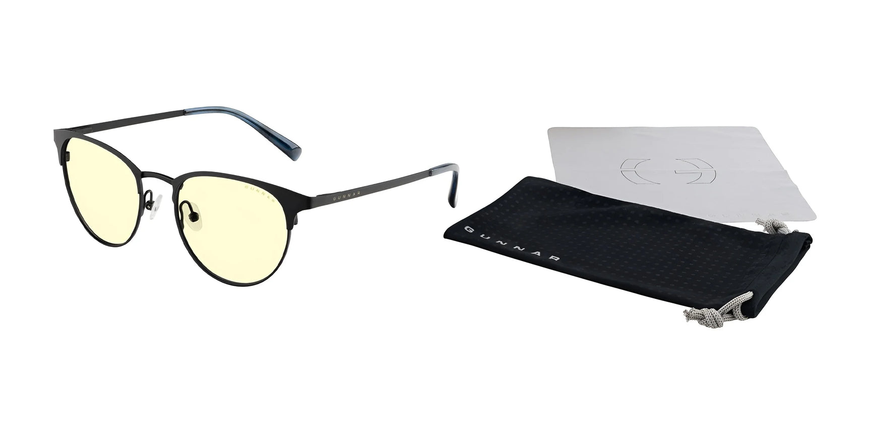 Gunnar Apex Computer Glasses | Size 51 feature black frames with yellow lenses to combat digital eye strain and come with a black drawstring pouch and cleaning cloth, set on a white background.