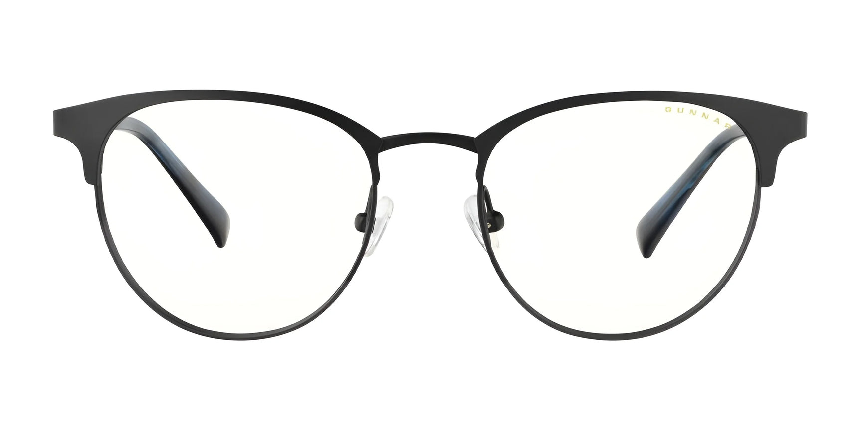 The Gunnar Apex Computer Glasses, Size 51, feature round black rims and clear lenses designed to reduce digital eye strain, shown against a white background.