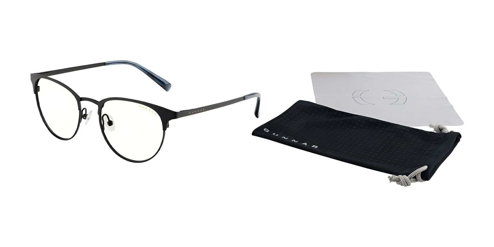 Gunnar Apex Computer Glasses, size 51, by Gunnar feature round black frames with blue tips to reduce digital eye strain. They come with a sleek black case and a gray cleaning cloth for convenience.