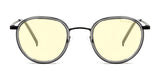 Front view of Gunnar Atherton Computer Glasses, size 48, showcasing round light yellow lenses in a thin metal frame with GUNNAR technology for blue light protection.