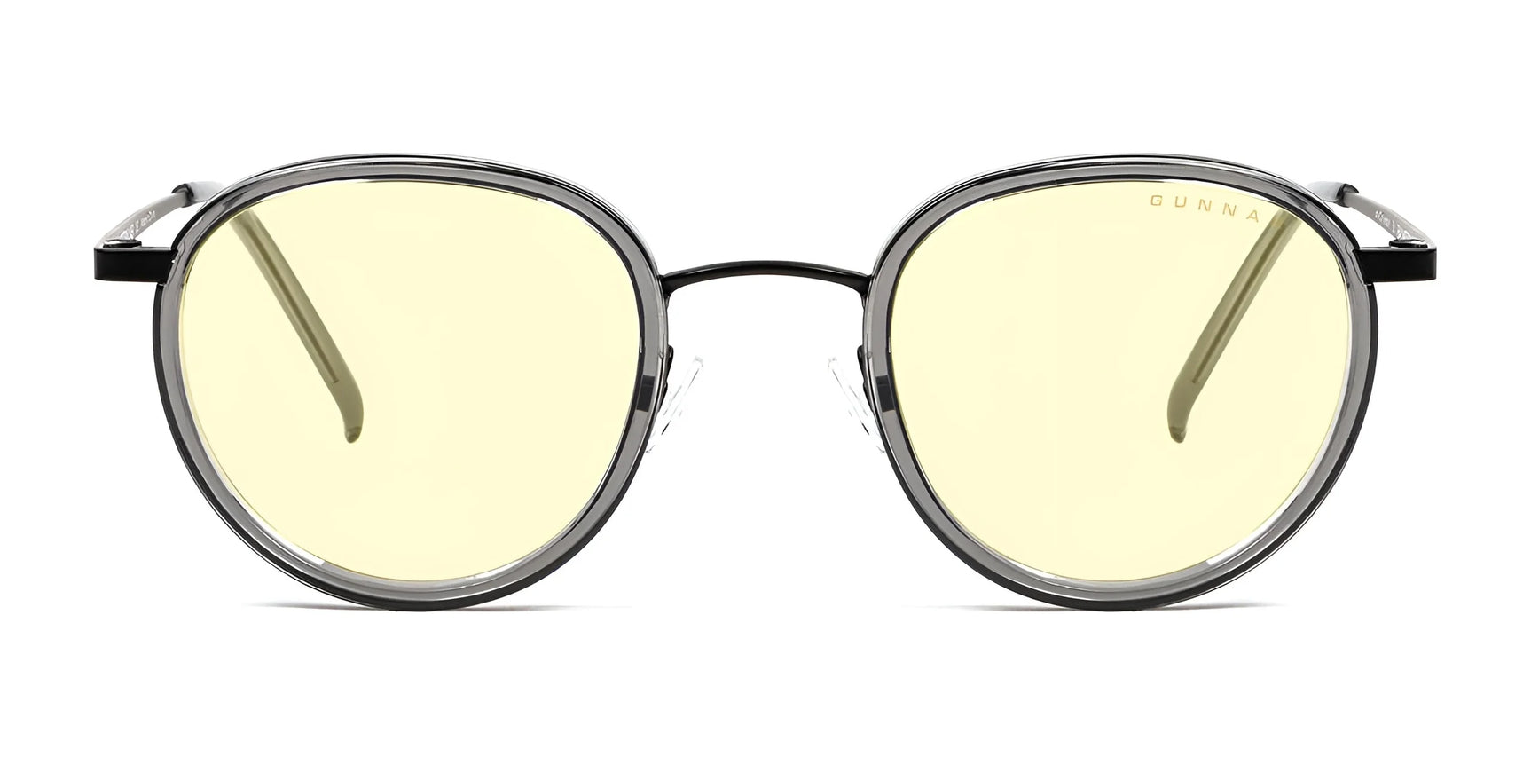 Front view of Gunnar Atherton Computer Glasses, size 48, showcasing round light yellow lenses in a thin metal frame with GUNNAR technology for blue light protection.