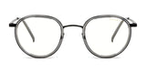 Close-up of Gunnar Atherton Computer Glasses, Size 48, with clear round lenses and a thin black frame featuring anti-reflective coating on a white background.