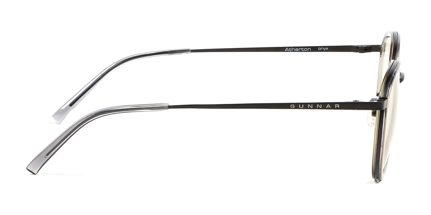 Side view of the Gunnar Atherton Computer Glasses in size 48, showcasing thin metal arms and clear lenses with advanced Gunnar lens technology for optimal blue light protection.