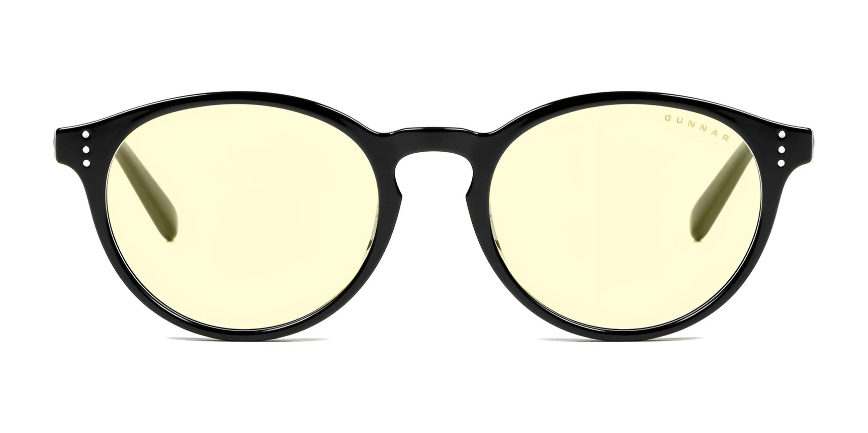 Front-facing view of round black-frame Gunnar Attache Computer Glasses (Size 50) with yellow-tinted lenses featuring GUNNAR technology for enhanced blue light protection against a white background.