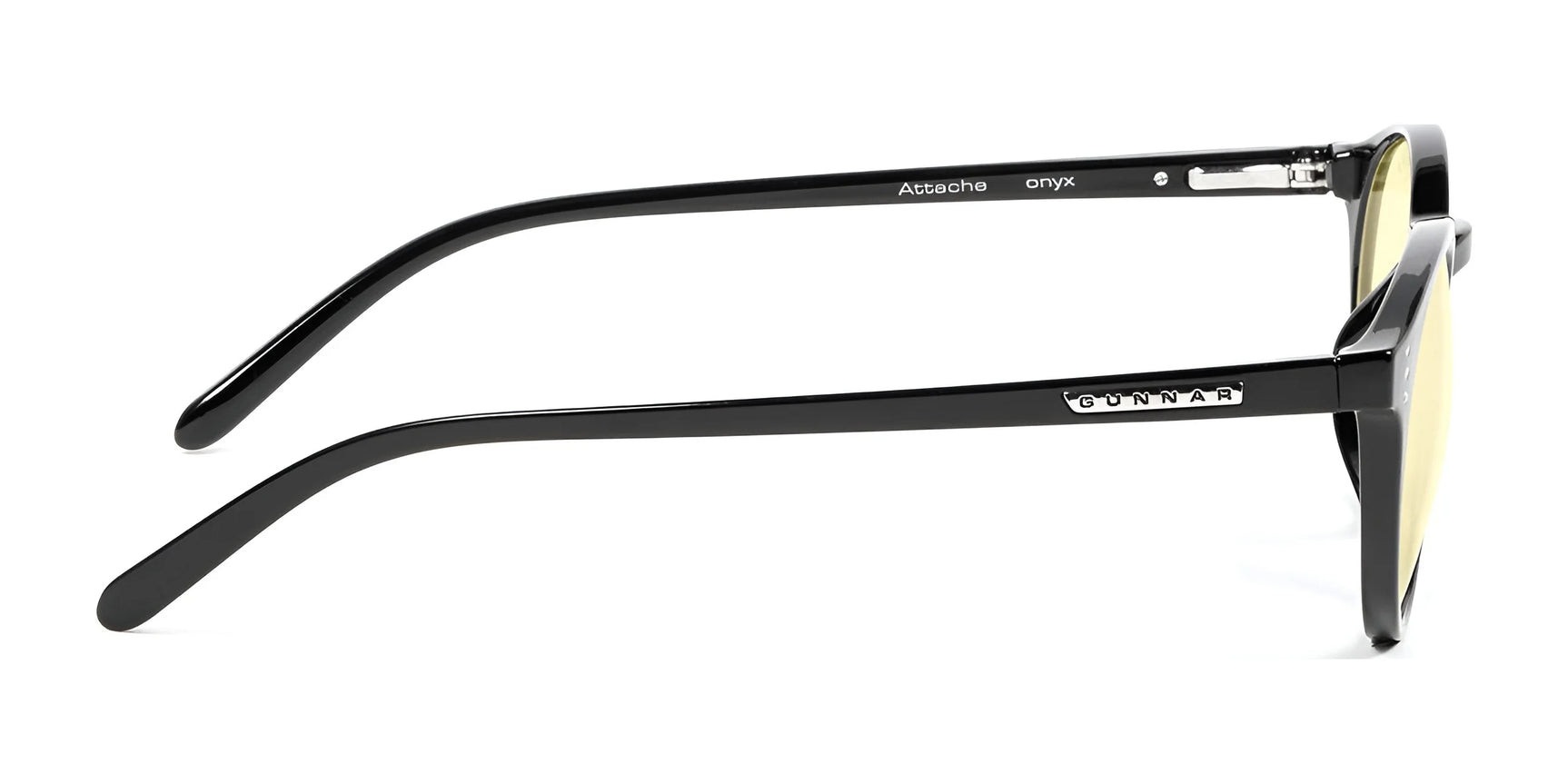 Side view of Gunnar Attache Computer Glasses in black with yellow lenses, showcasing "Gunnar" on the arms. These glasses use GUNNAR technology for blue light protection and have a sleek nylon frame for optimal comfort. Size 50.