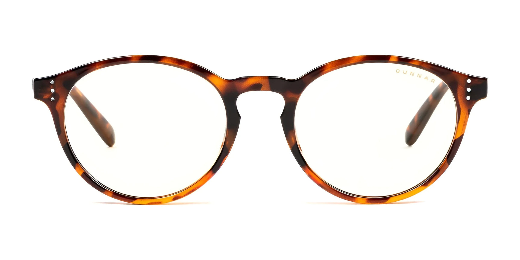 The Gunnar Attache Computer Glasses (Size 50) feature tortoiseshell round frames made from durable nylon and come with clear lenses incorporating Gunnar's blue light protection technology for a stylish blend of fashion and function.