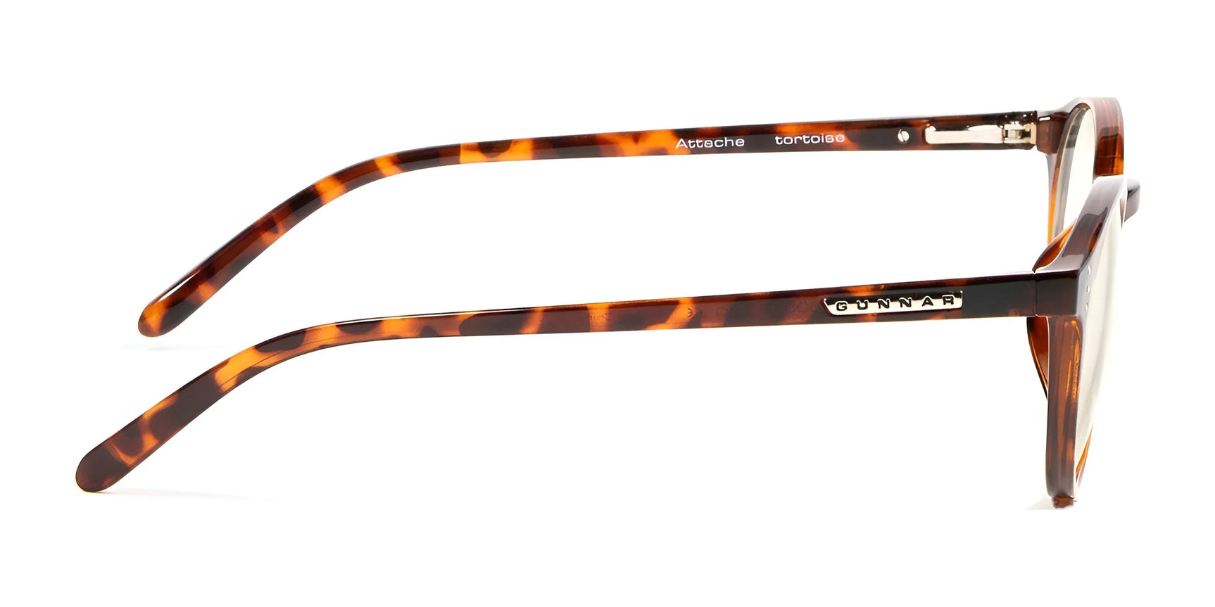 Tortoiseshell Gunnar Attache Computer Glasses, size 50, feature a sleek nylon frame and visible brand name on the temple, offering stylish specs with GUNNAR technology for optimal blue light protection.