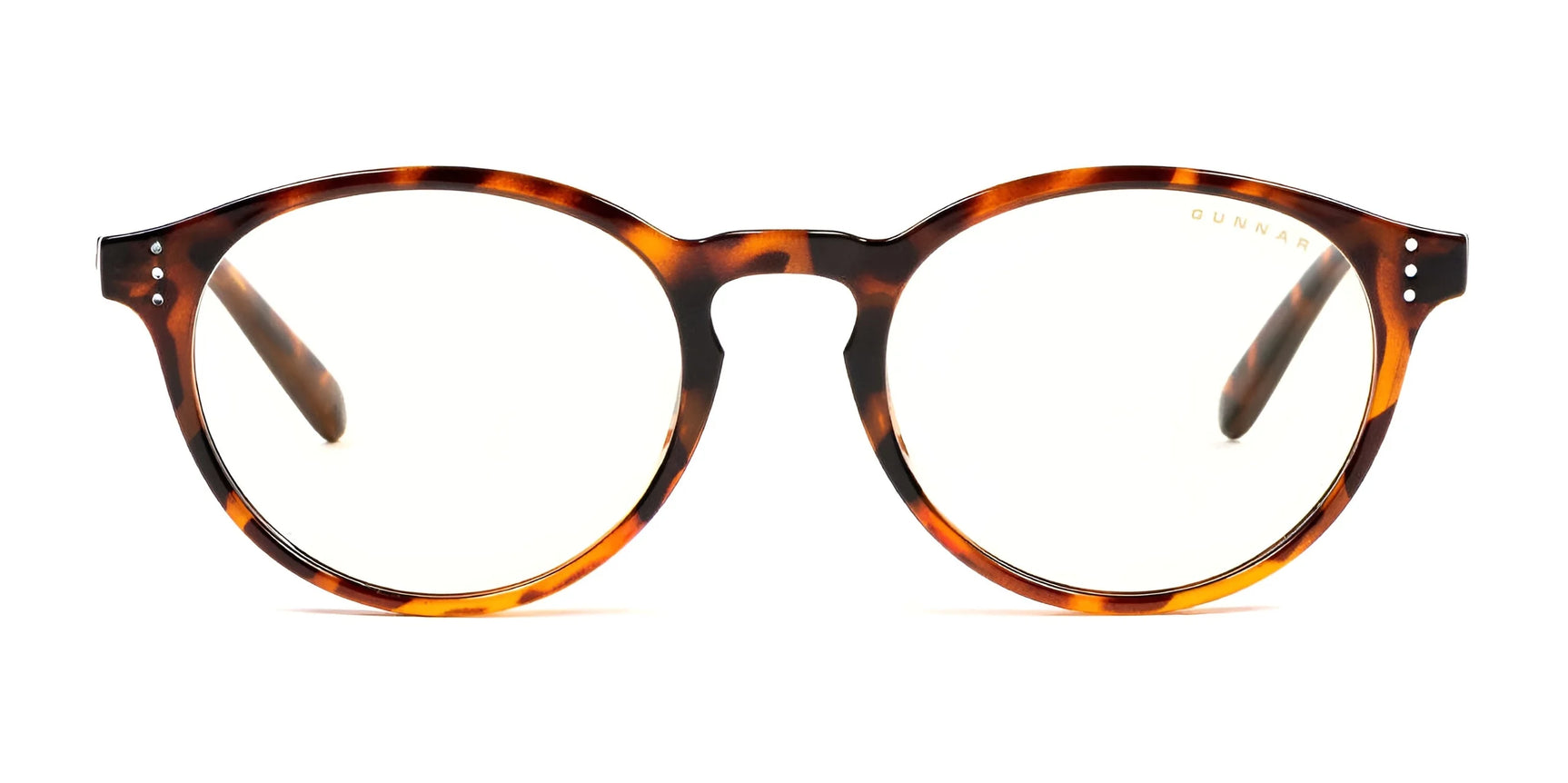 Gunnar Attache Reading Computer Glasses in size 50 feature round tortoiseshell frames, blending style with effective blue light protection for reading.