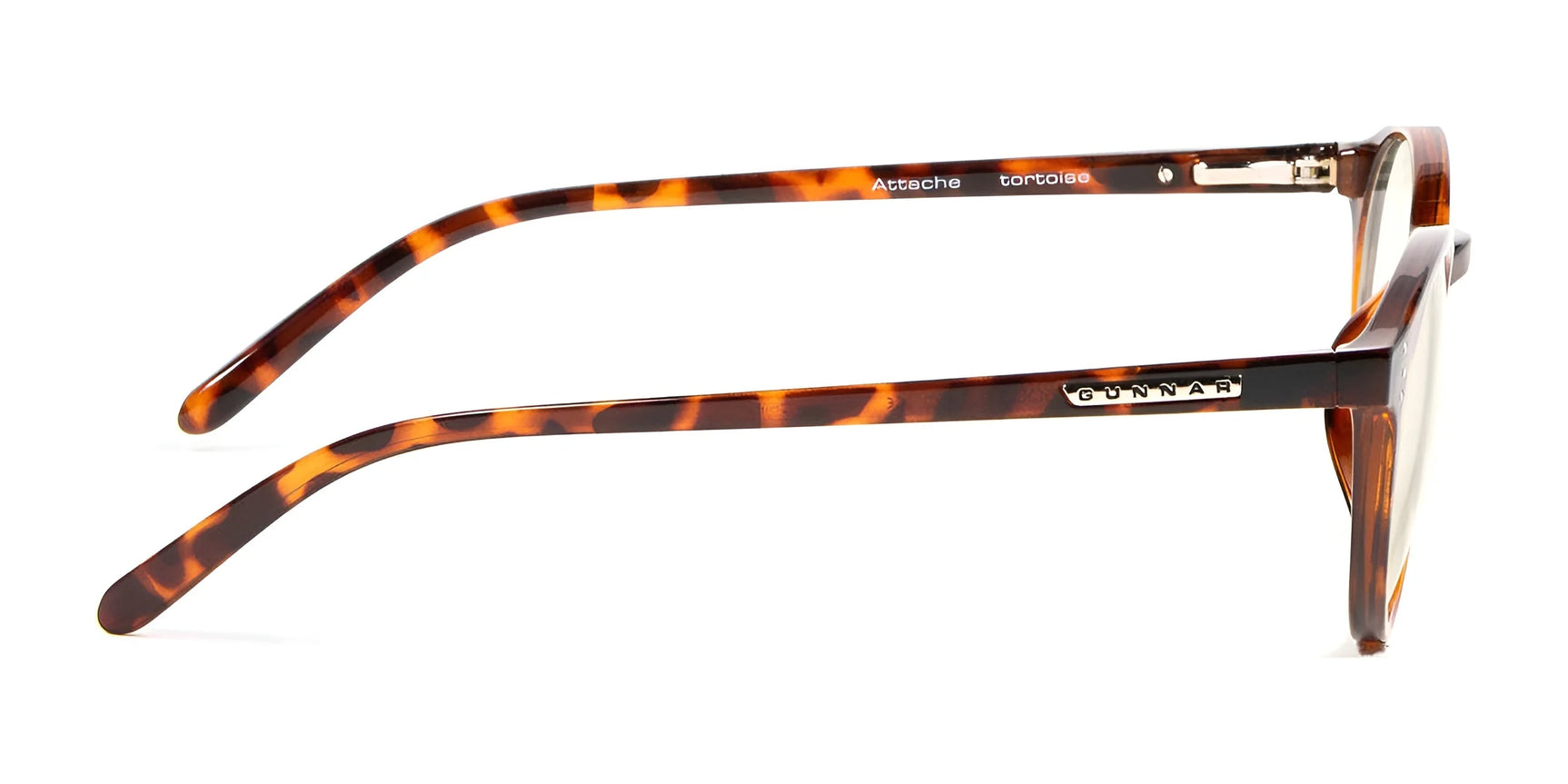 Side view of rectangular tortoiseshell eyeglasses with Gunnar lens technology for optimal blue light protection, displaying the brand name. Product: Gunnar Attache Reading Computer Glasses | Size 50.