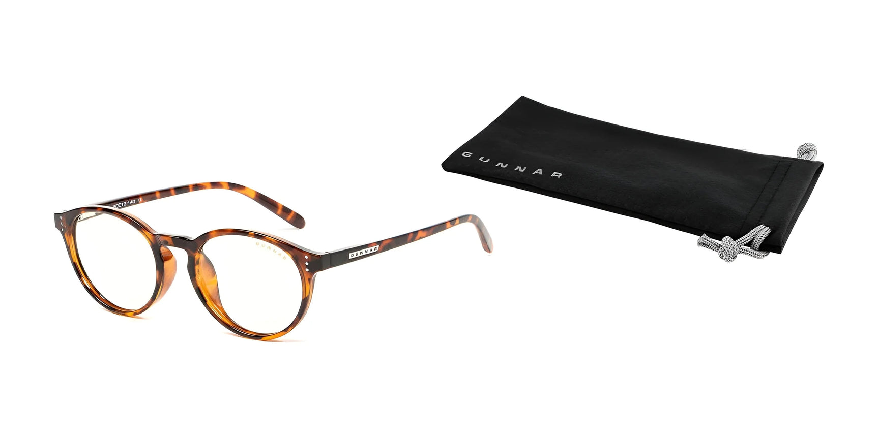 Tortoiseshell round reading glasses with Gunnar lenses for blue light protection, includes a black soft pouch labeled "Gunnar" on white.
