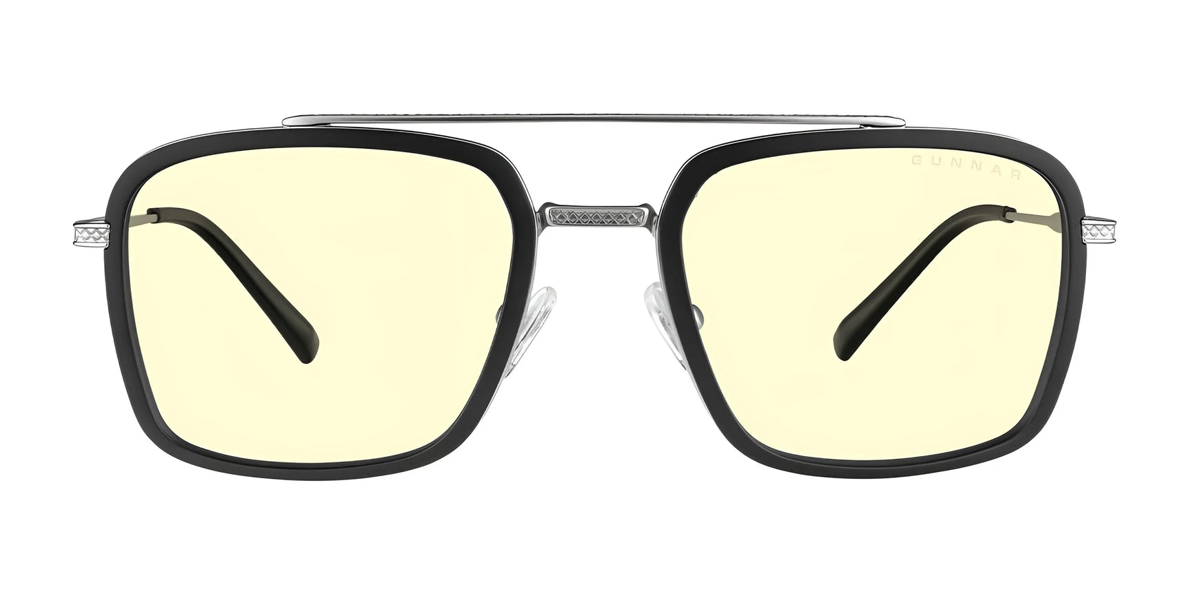 Gunnar Barron Computer Glasses | Size 55 features a black stainless steel frame and metal bridge with yellow-tinted lenses, providing effective blue light protection.