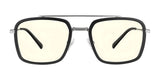 The Gunnar Barron Computer Glasses in size 55 feature square black rims, yellow-tinted lenses, a sleek stainless steel frame, and metal bridge. These stylish eyewear pieces provide blue light protection. Displayed on a white background.