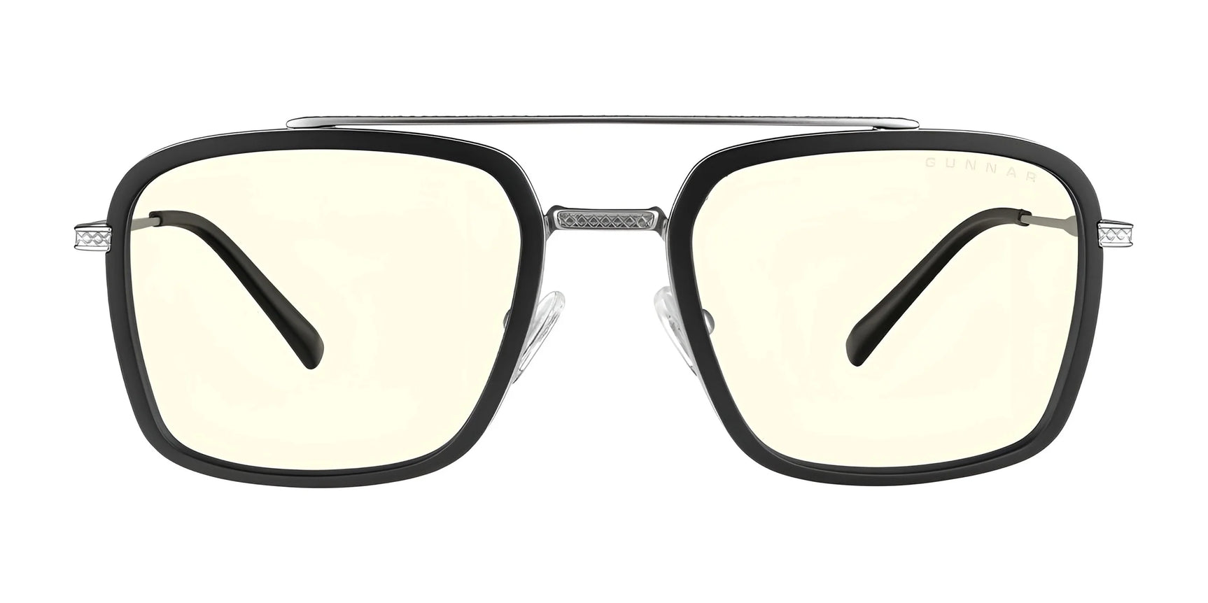 The Gunnar Barron Computer Glasses in size 55 feature square black rims, yellow-tinted lenses, a sleek stainless steel frame, and metal bridge. These stylish eyewear pieces provide blue light protection. Displayed on a white background.