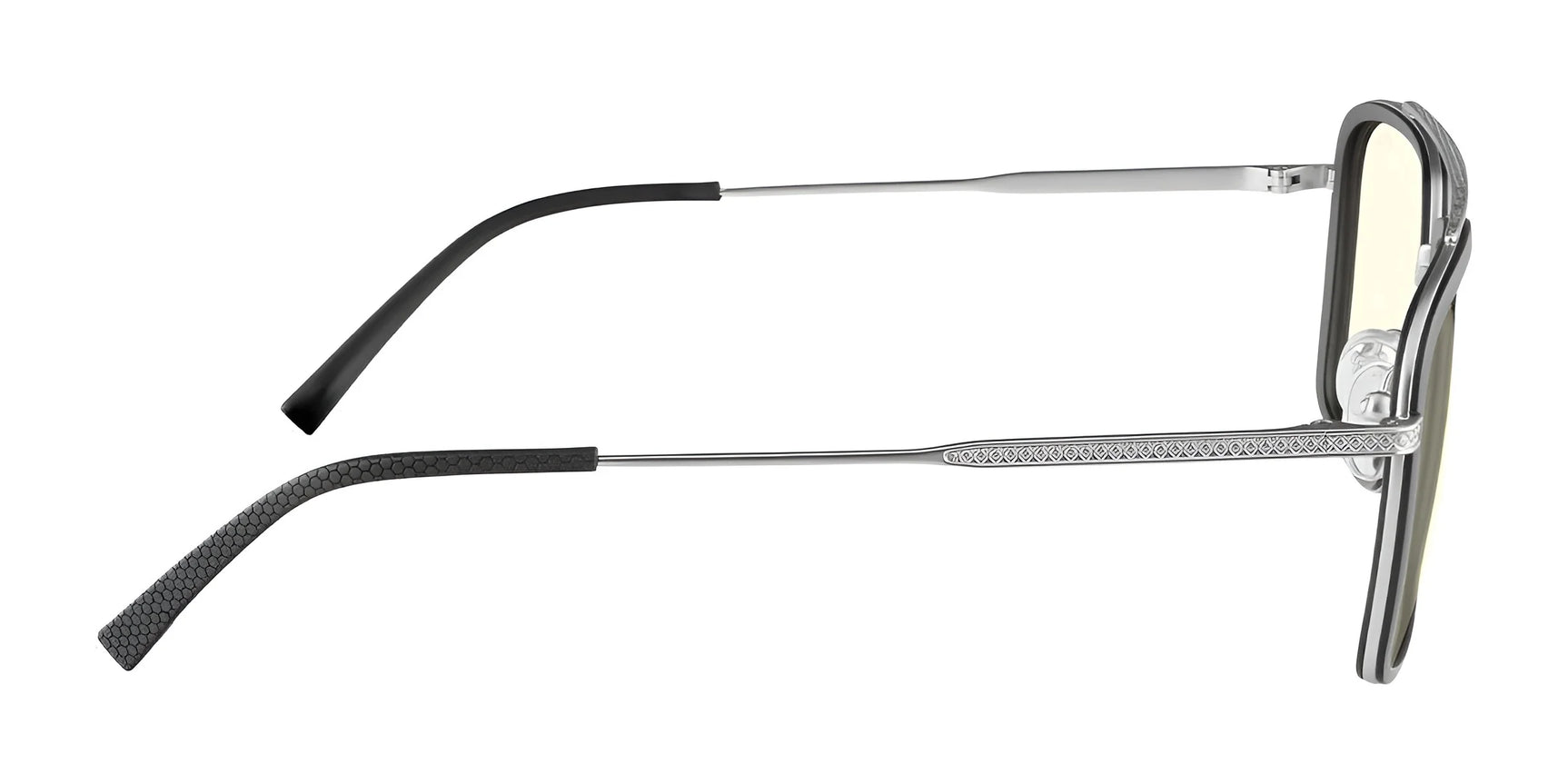 A side view of the Gunnar Barron Computer Glasses, featuring a sleek silver stainless steel frame with black earpieces. Designed in size 55 for comfortable wear and effective blue light protection.