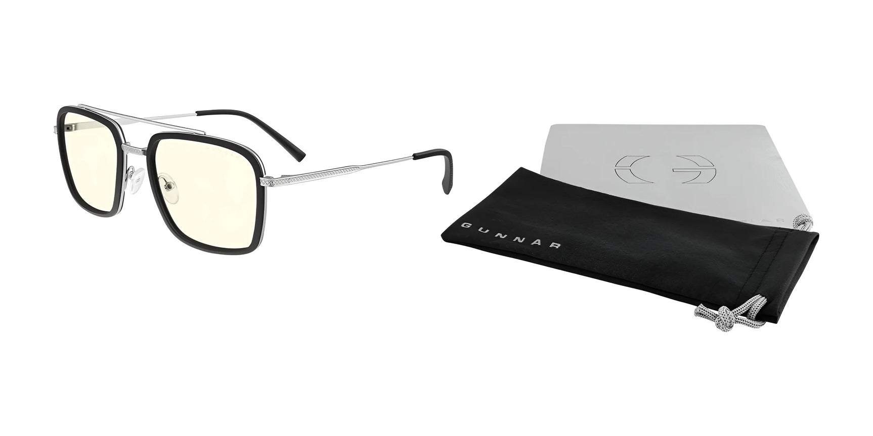 Gunnar Barron Computer Glasses (Size 55) from Gunnar feature a stainless steel frame in black and silver. Ideal for daily wear, they offer blue light protection, enhancing comfort during computer use. The glasses include a soft case and white cleaning cloth for style and durability.