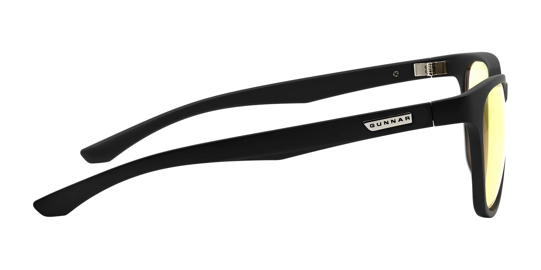 Side view of Gunnar Berkeley Computer Glasses in black, showcasing blue light protection with yellow-tinted, anti-reflective lenses and a metallic Gunnar logo on the durable nylon frame. Size 54.