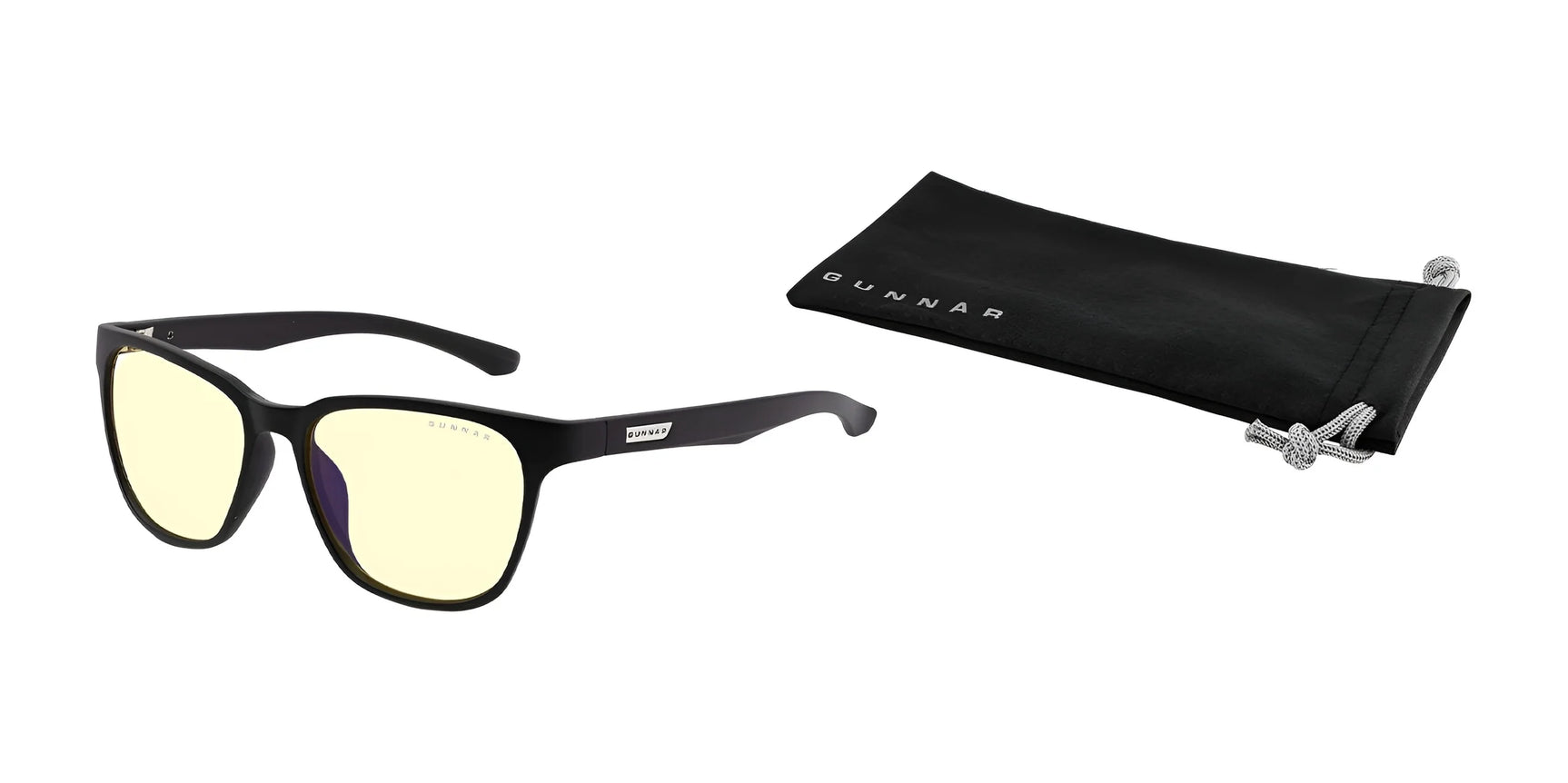 Gunnar Berkeley Computer Glasses | Size 54 feature black-rimmed frames, yellow-tinted anti-reflective lenses, and blue light protection. They have a durable nylon frame and come with a black pouch. Presented on a white background, these stylish specs are perfect for digital screen use.