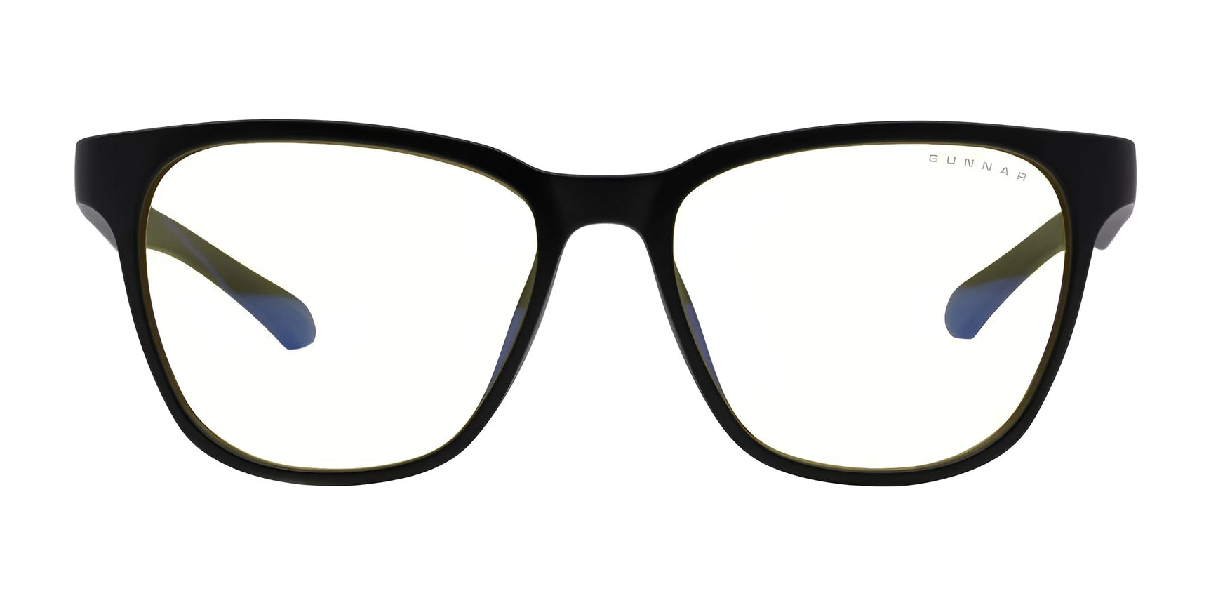 Gunnar's Berkeley Computer Glasses, Size 54, feature black-rimmed nylon frames and yellow-tinted anti-reflective lenses for stylish blue light protection on a white background.