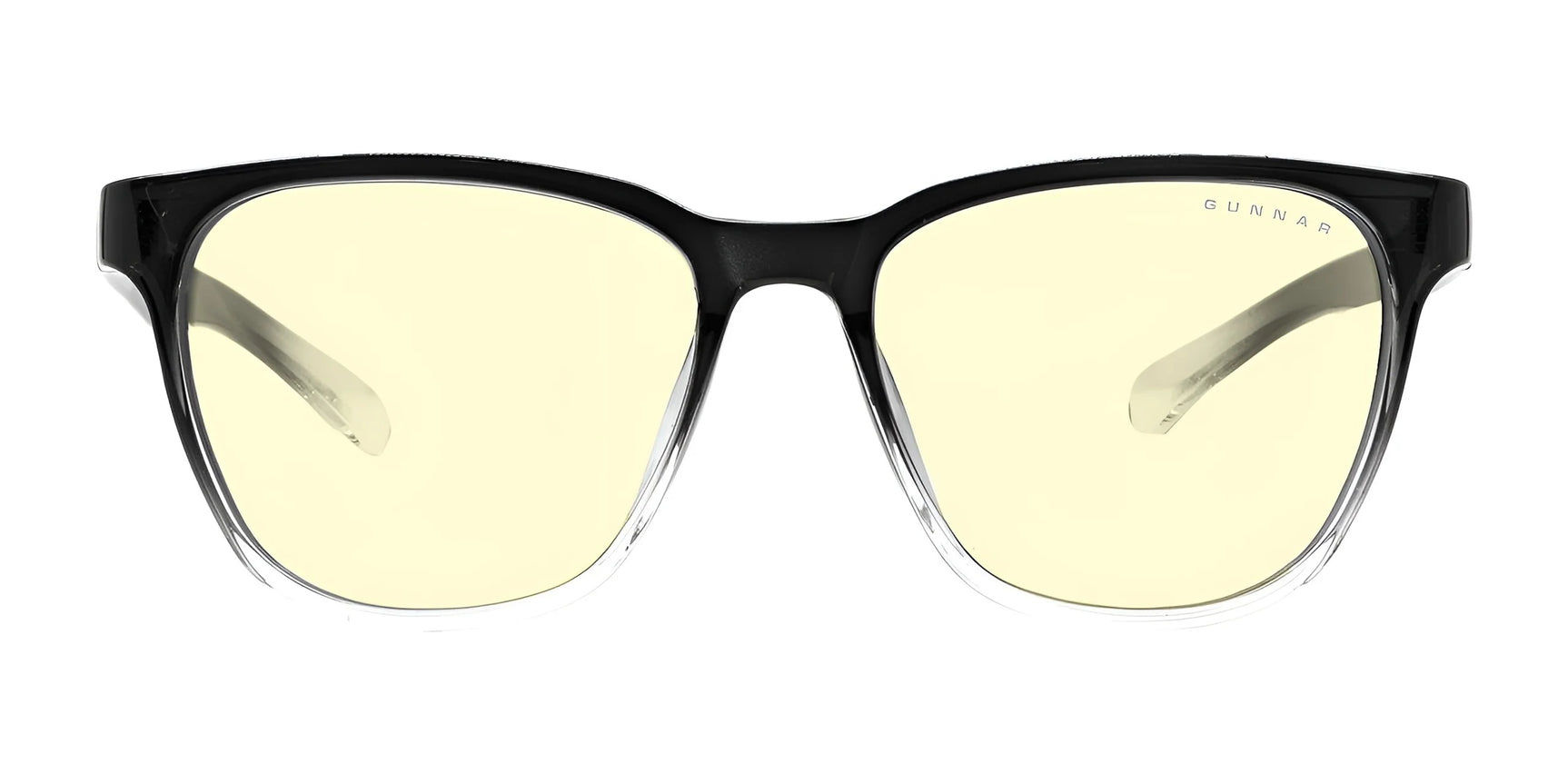 The Gunnar Berkeley Computer Glasses feature yellow-tinted lenses with black and translucent frames, offering blue light protection and anti-reflective properties for a clearer front view. Size 54.