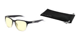 The Gunnar Berkeley Computer Glasses | Size 54, featuring black frames and yellow-tinted anti-reflective lenses, sit stylishly beside a black pouch on a white backdrop. Designed for comfort and protection, they offer blue light protection while remaining functional and chic.