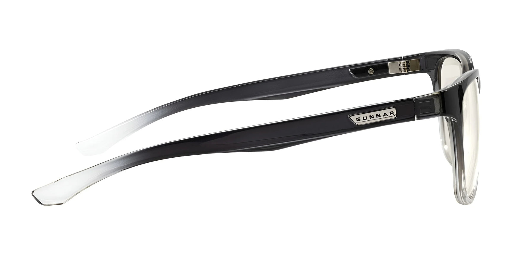 Side view of Gunnar Berkeley Computer Glasses, size 54, in black and clear, featuring "GUNNAR" branding on the temple, offering blue light protection with anti-reflective lenses.