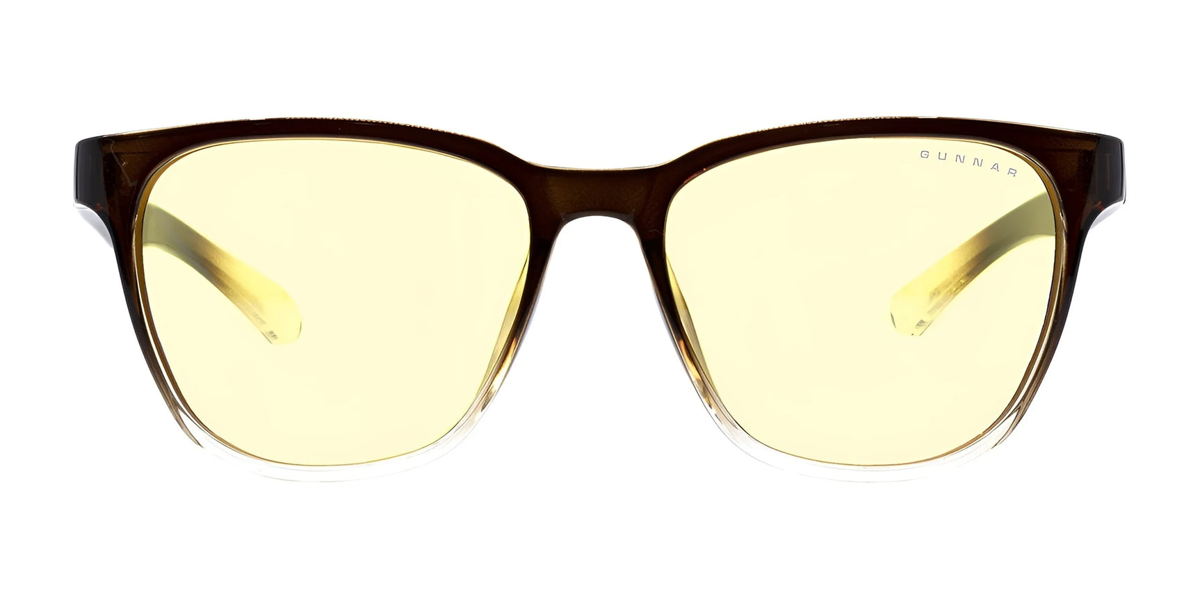 The Gunnar Berkeley Computer Glasses, Size 54, feature durable yellow-tinted nylon frames with anti-reflective rectangular lenses, shown against a white background.