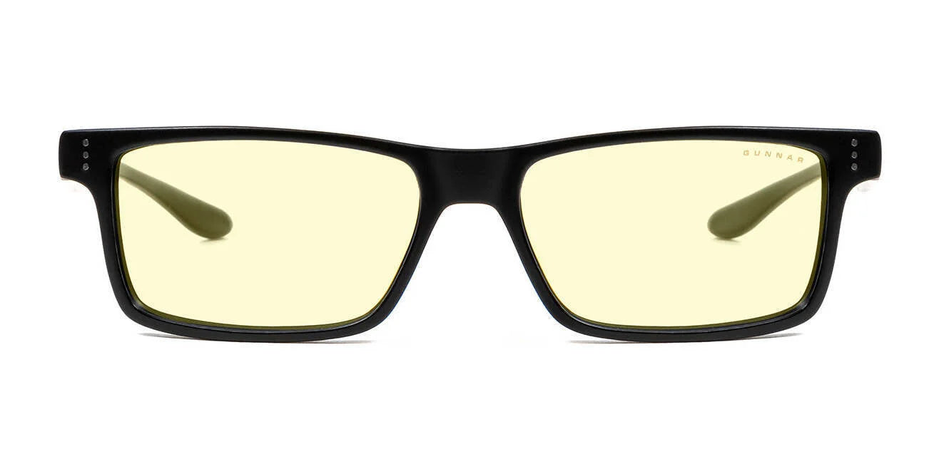 Viewed from the front, these black rectangular Gunnar Vertex Computer Glasses (Size 55) feature yellow-tinted lenses and a minimalist design. These Gunnar glasses provide UV protection and blue light filtration for optimal comfort and eye health.