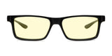 Viewed from the front, these black rectangular Gunnar Vertex Computer Glasses (Size 55) feature yellow-tinted lenses and a minimalist design. These Gunnar glasses provide UV protection and blue light filtration for optimal comfort and eye health.