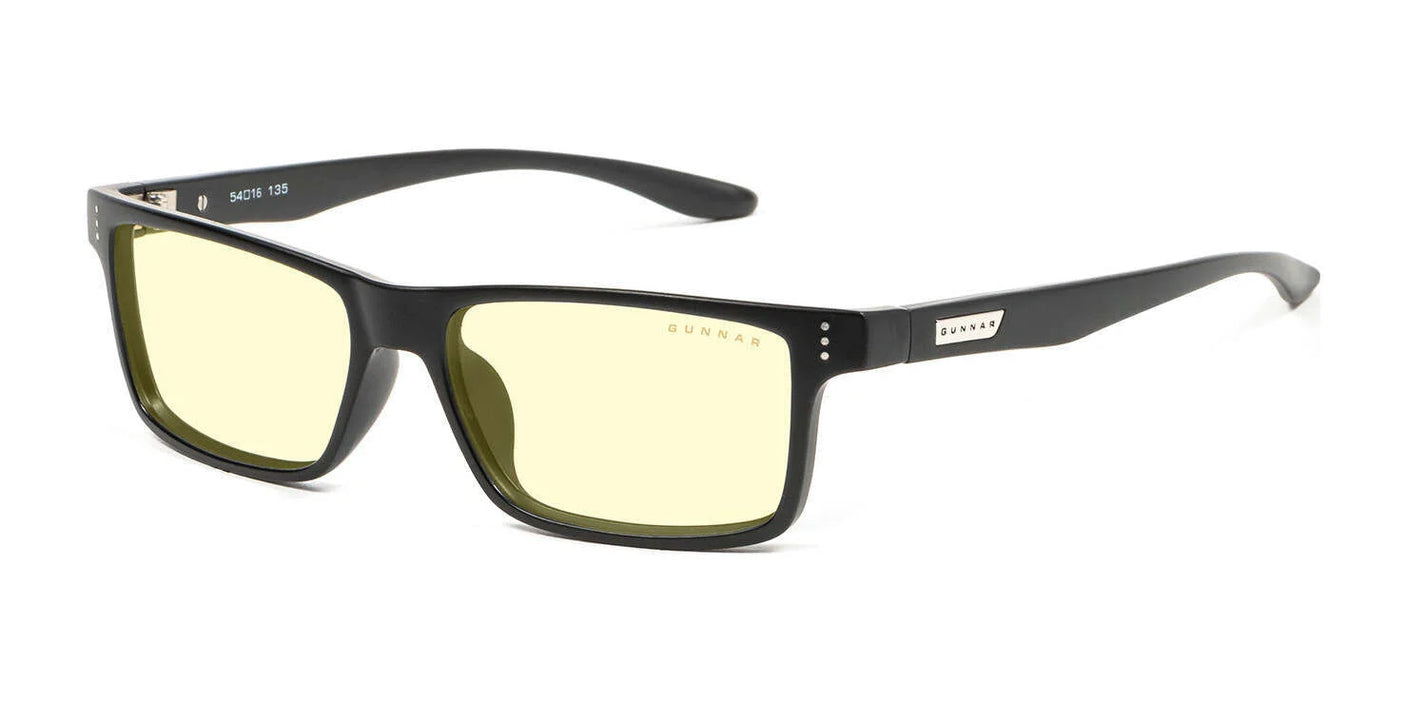 Gunnar Vertex Computer Glasses in size 55 feature black rectangular frames with yellow-tinted lenses, showcasing the GUNNAR branding on the temples while offering blue light and UV protection.