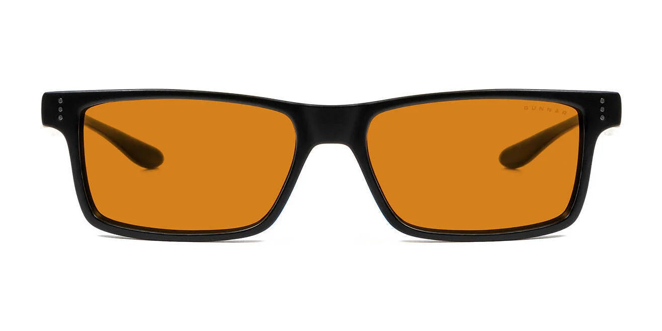 Rectangular black-framed Gunnar Vertex Computer Glasses, size 55, with orange tinted lenses, offering blue light and UV protection.