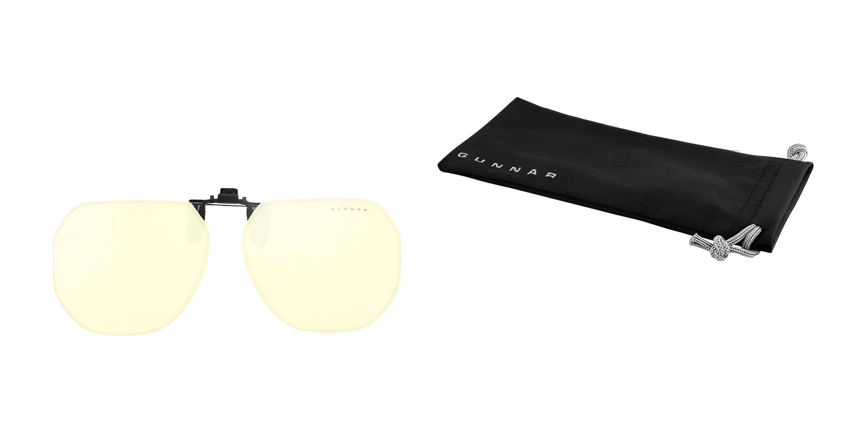 Gunnar Moffet Clip-On, size 61, by Gunnar features sleek yellow-tinted glasses with blue light protection and comes with a pouch, set against a white background.