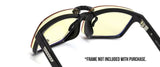 Close-up of Gunnar Moffet Clip-On glasses with yellow lenses that protect against blue light. Note: Frame not included.