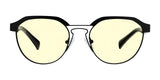 Front view of Gunnar Campbell Computer Glasses in size 52, featuring a stylish black frame and yellow-tinted lenses. Crafted with hybrid materials for durability and equipped with blue light blocking protection.
