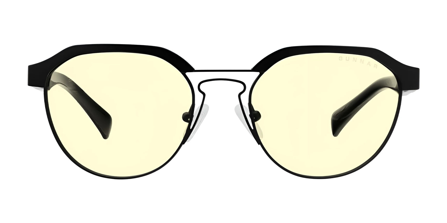 Front view of Gunnar Campbell Computer Glasses in size 52, featuring a stylish black frame and yellow-tinted lenses. Crafted with hybrid materials for durability and equipped with blue light blocking protection.