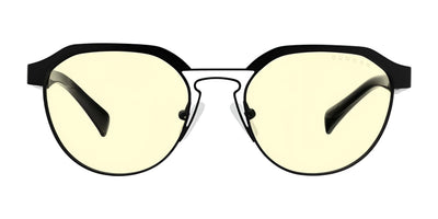 Front view of Gunnar Campbell Computer Glasses in size 52, featuring a stylish black frame and yellow-tinted lenses. Crafted with hybrid materials for durability and equipped with blue light blocking protection.