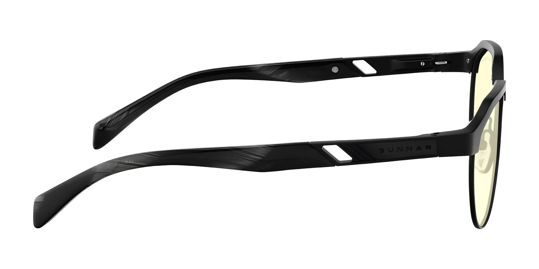 The Gunnar Campbell Computer Glasses, size 52, feature a stylish black-rimmed frame with yellow-tinted lenses and sleek, angular arms. Crafted from hybrid materials, they effectively block blue light.